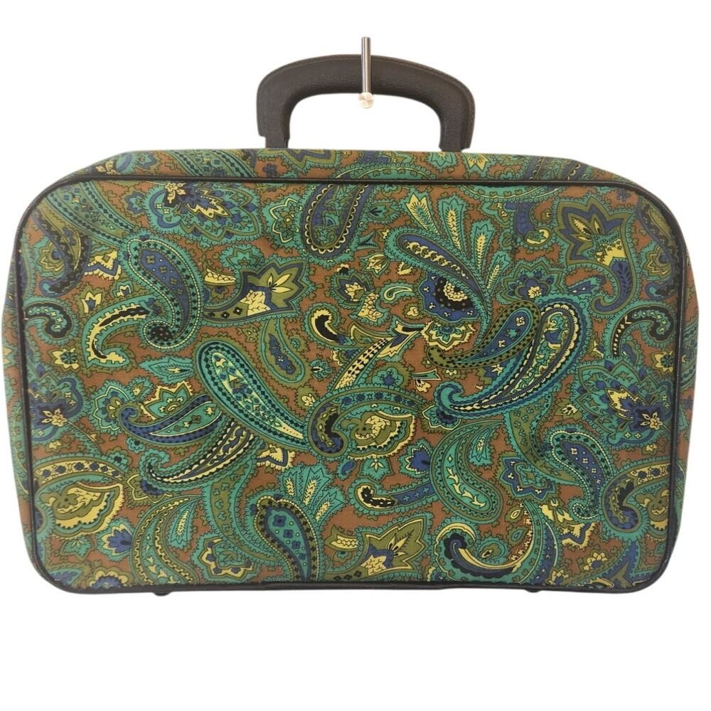 Vintage 60s Green Paisley Fabric Briefcase Travel Bag Laptop Retro Made Japan - Picture 6 of 11